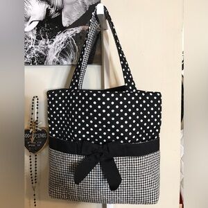Black & White Polka Dot and Gingham Bow Tote Bag